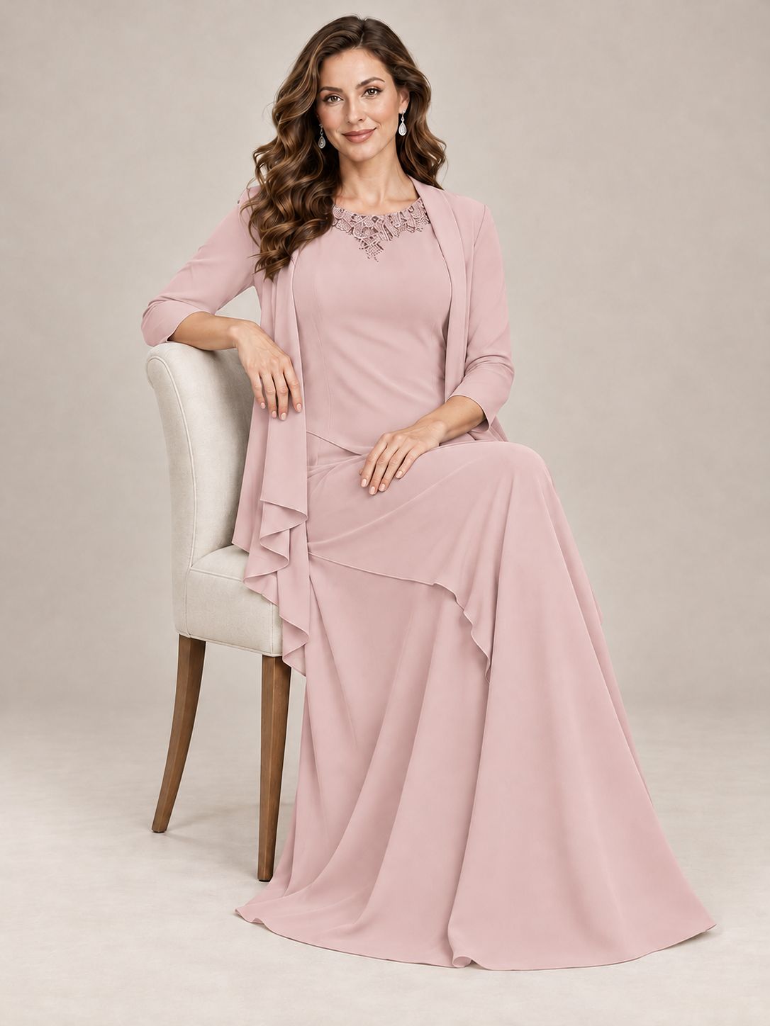 Dusty Blue Two-Piece Chiffon Mother of the Bride Dress with Jacket