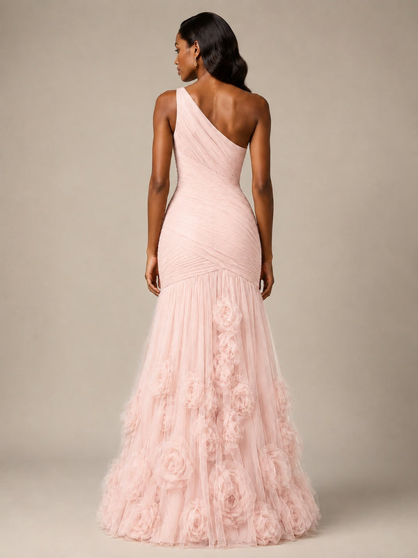 Blush Pink One Shoulder 3D Floral Mermaid Prom Dress