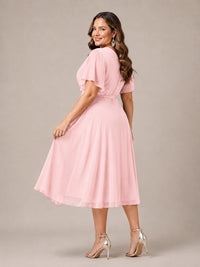 Navy Blue A-Line V-Neck Tea-Length Mother of the Bride Dress
