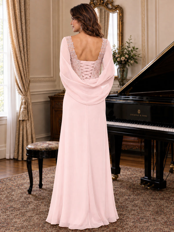 Elegant Applique Chiffon Mother of the Bride Dress with Cape Sleeves