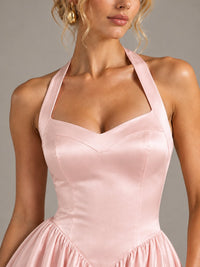 Light Yellow Halter Neck Satin A-Line Maxi Dress with Pockets