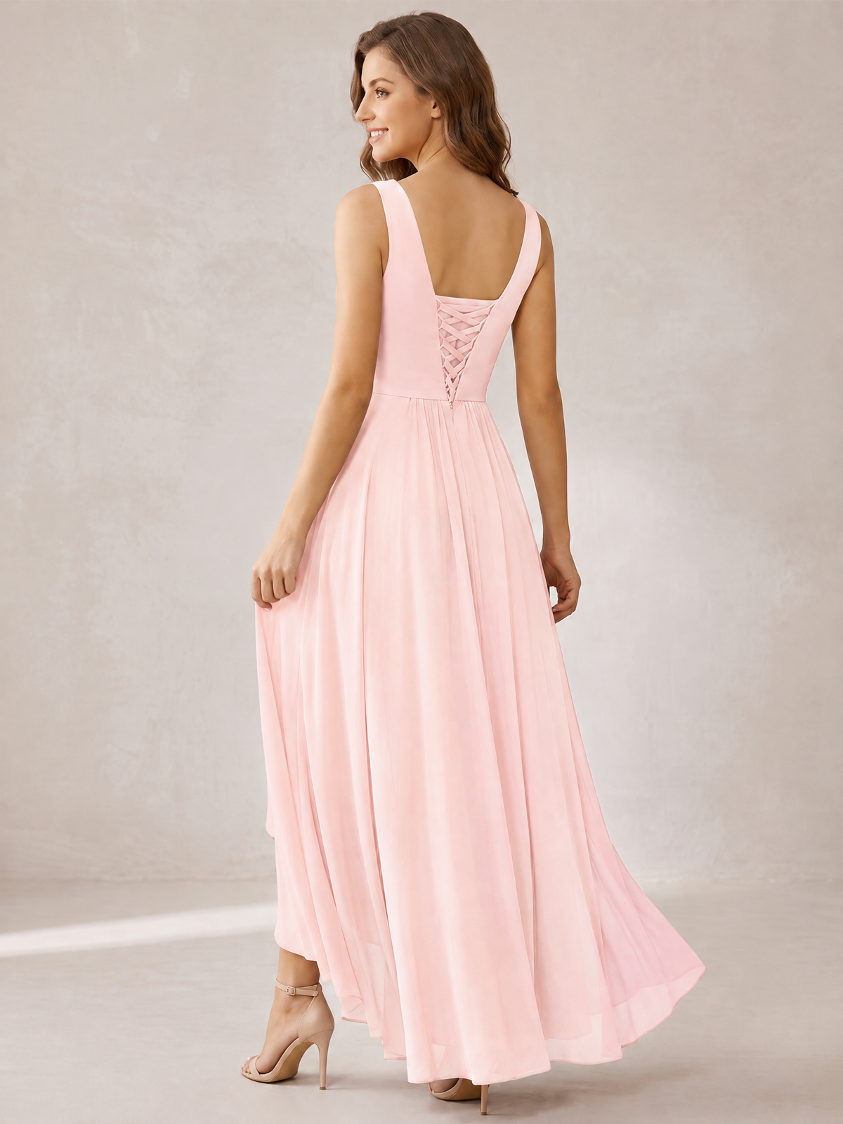 V-Neck High-Low Chiffon Bridesmaid Dress with Ruffles