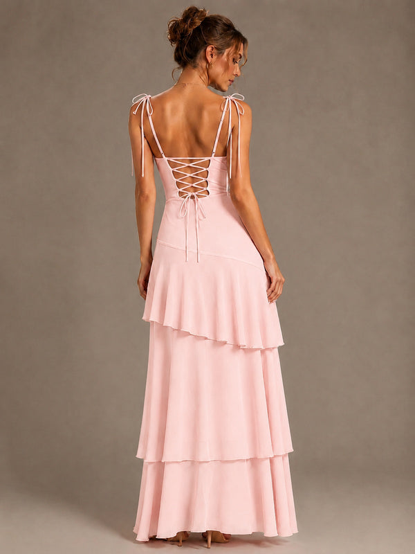 Spaghetti Strap Tiered Ruffles Chiffon Prom Dress