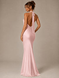 Olive Green Halter Satin Mermaid Maxi Dress