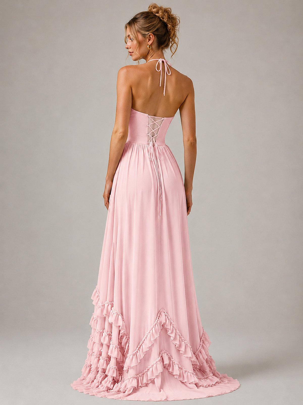 Halter V Neck Chiffon Formal Dress with Lace-Up Back and Ruffle Hem
