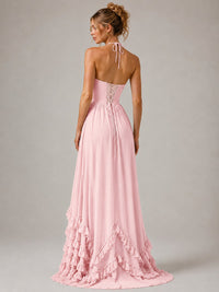 Halter V Neck Chiffon Formal Dress with Lace-Up Back and Ruffle Hem