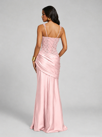 Scoop Neck Sequin Prom Dress with High Slit Satin Formal Gowns