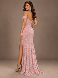 Off the Shoulder Corset Sequin Mermaid Prom Dress with Slit