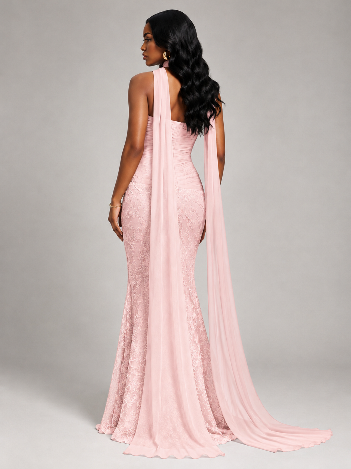 Pleated Chiffon Lace Prom Dresses Long Bodycon Mermaid with Scarf