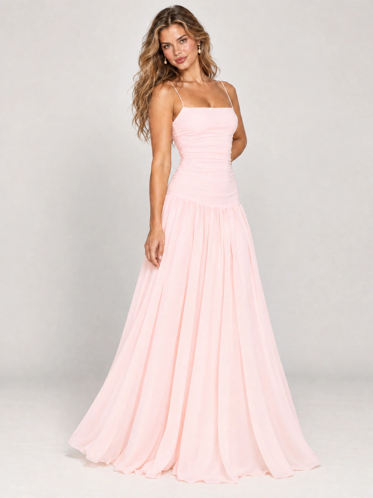 Butter Yellow Ruched Spaghetti Strap Drop-Waist Prom Dress