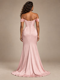 Burgundy Off-the-Shoulder Satin Corset Prom Dress with Slit