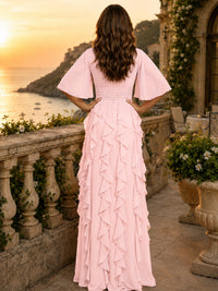 Elegant Chiffon Mother of the Bride Dress with Flutter Sleeves and Ruffle Skirt