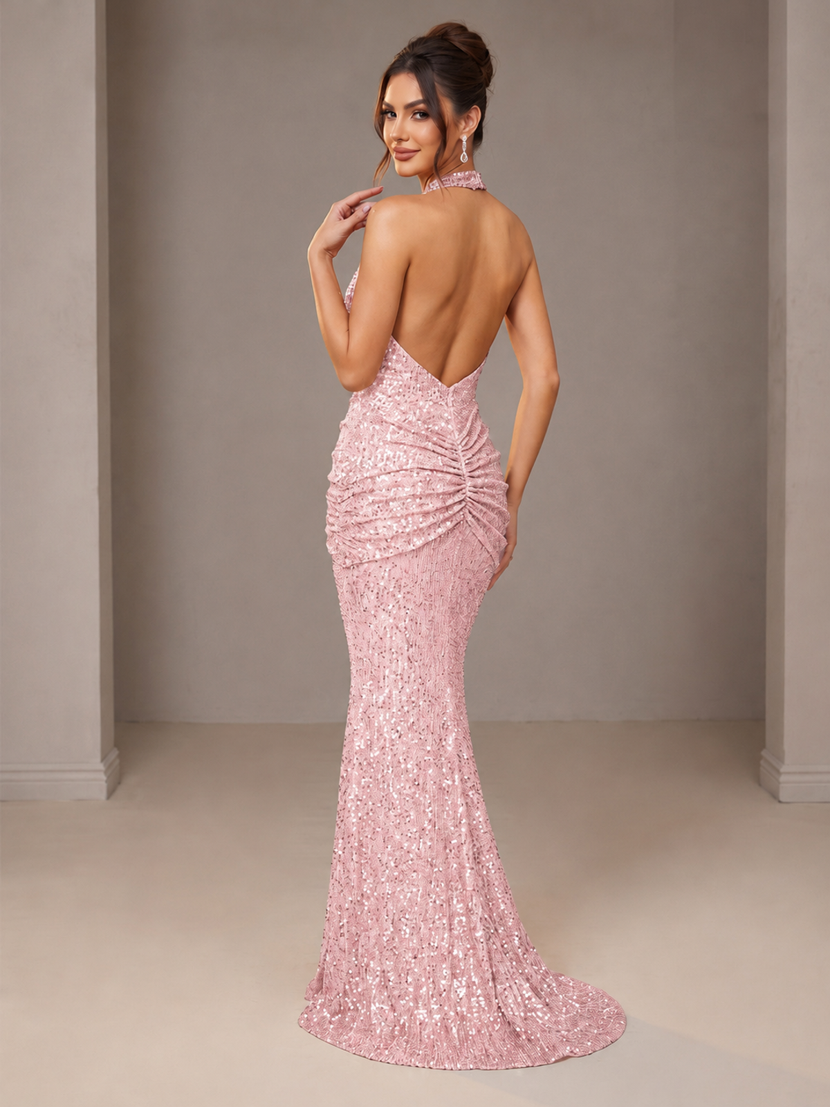 Gold Halter Sequin Mermaid Ruched Prom Dress Long Ruched Evening Gown