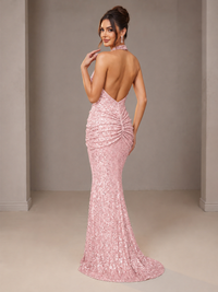 Gold Halter Sequin Mermaid Ruched Prom Dress Long Ruched Evening Gown