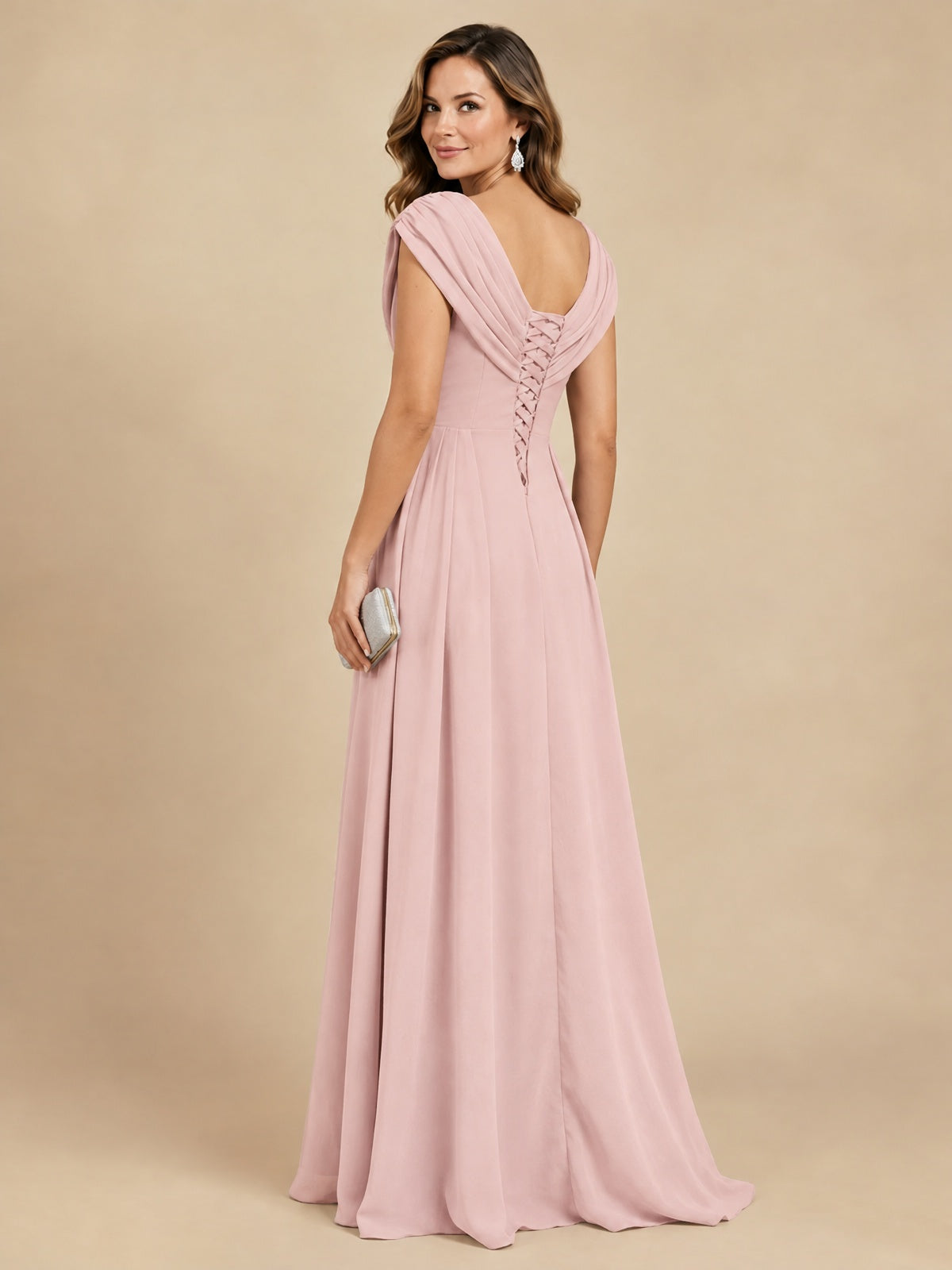 V Neck Pleated Mother of The Bride Dresses with Beading Cap Sleeves