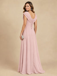 V Neck Pleated Mother of The Bride Dresses with Beading Cap Sleeves