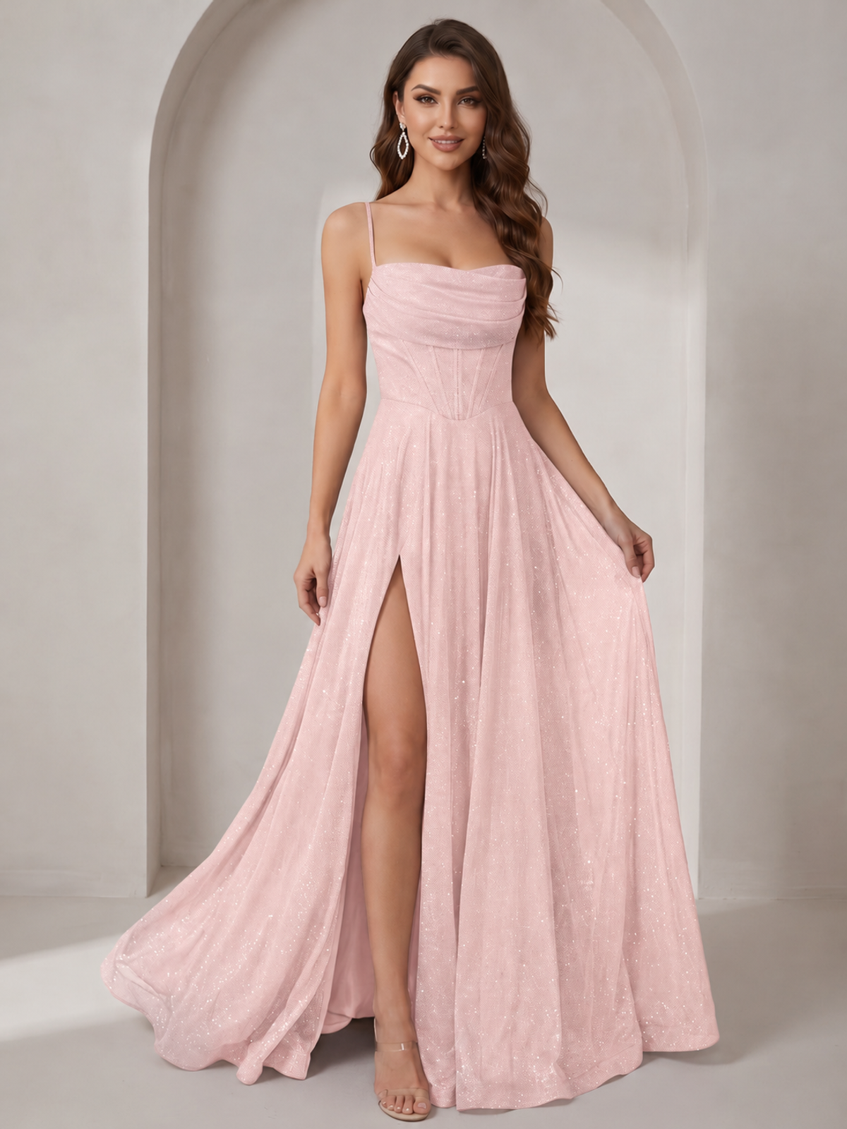 Sparkly Cowl Neck Corset Long Prom Dress with Slit A-line Tulle Ball Gown
