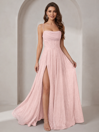 Sparkly Cowl Neck Corset Long Prom Dress with Slit A-line Tulle Ball Gown