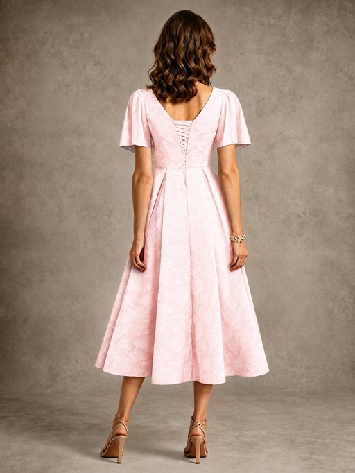 V-Neck Floral Jacquard Tea-Length Mother of the Bride Dress