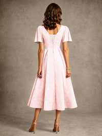V-Neck Floral Jacquard Tea-Length Mother of the Bride Dress