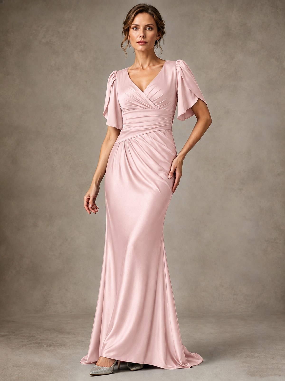 V-Neck Satin Mother of the Bride Dress with Flutter Sleeves