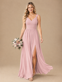 Pleated Chiffon V Neck Wedding Bridesmaid Dresses Floor Length with Slit