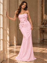White Strapless Mermaid Maxi Dress with 3D Floral Appliques