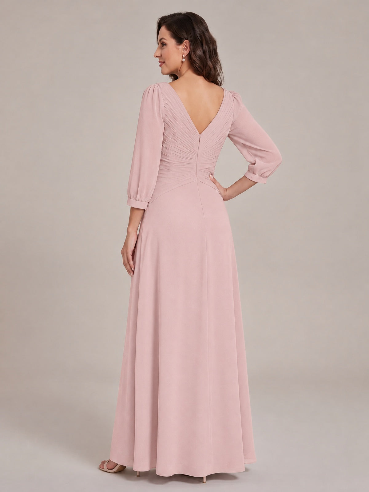 V-Neck Pleated Chiffon Mother of the Bride Dress with Flutter Sleeves