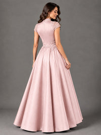 Lace Appliqué A-Line Satin Maxi Dress