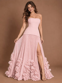 Strapless Pleated Floral Satin Formal Dress with Side Slit