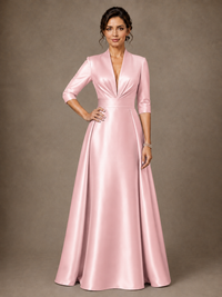 V-Neck Pleated Satin Mother of the Bride Gown with 3/4 Sleeves