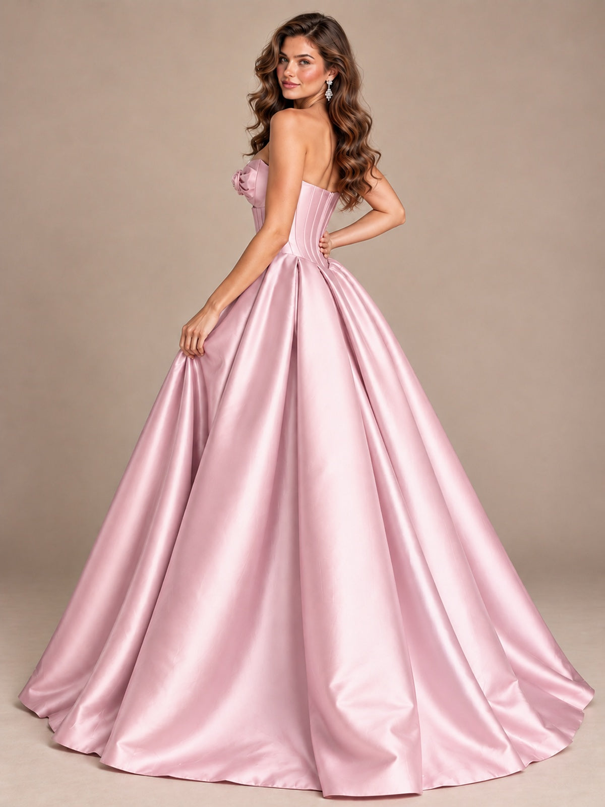 Pink Strapless Corset Satin Prom Derss & Ball Gown with 3D Floral