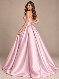 Pink Strapless Corset Satin Prom Derss & Ball Gown with 3D Floral