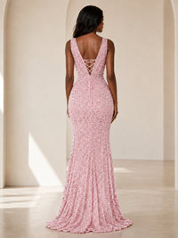 Sequin Mermaid Prom Dress with V-Neck and Ruched Waist