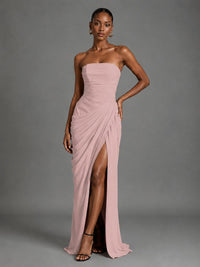 Strapless Bodycon Pleated Chiffon Formal Dress with Slit