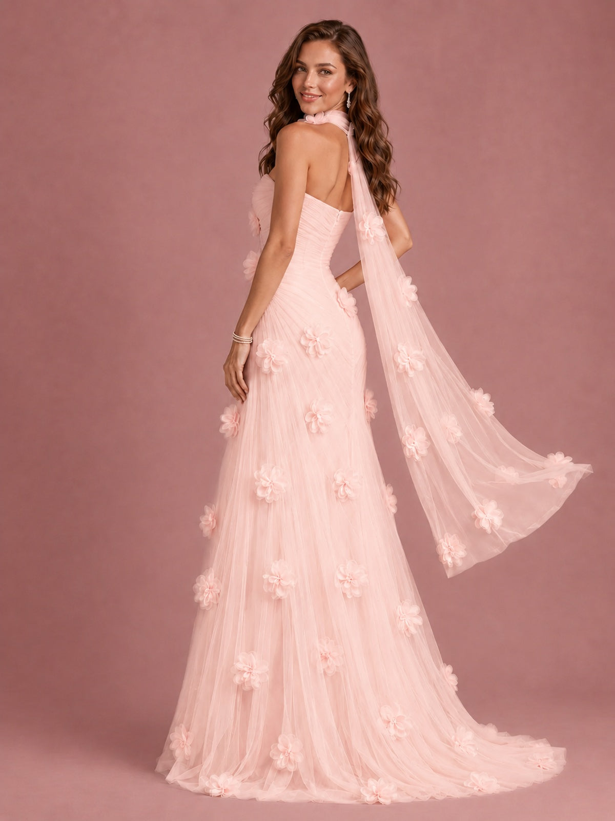 Blush Pink Strapless Sweetheart 3D Floral Tulle Mermaid Prom Dress
