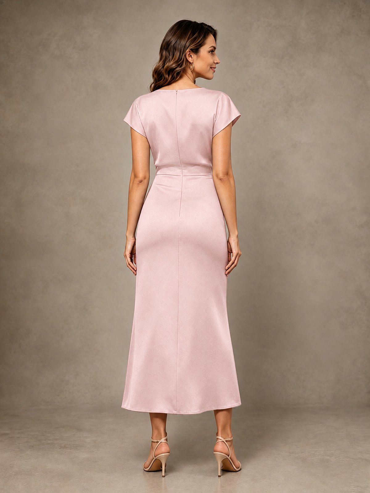 Cowl Neck Satin Mother of the Bride Dress with Ruched Waist