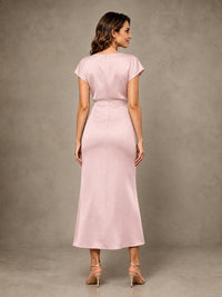 Cowl Neck Satin Mother of the Bride Dress with Ruched Waist