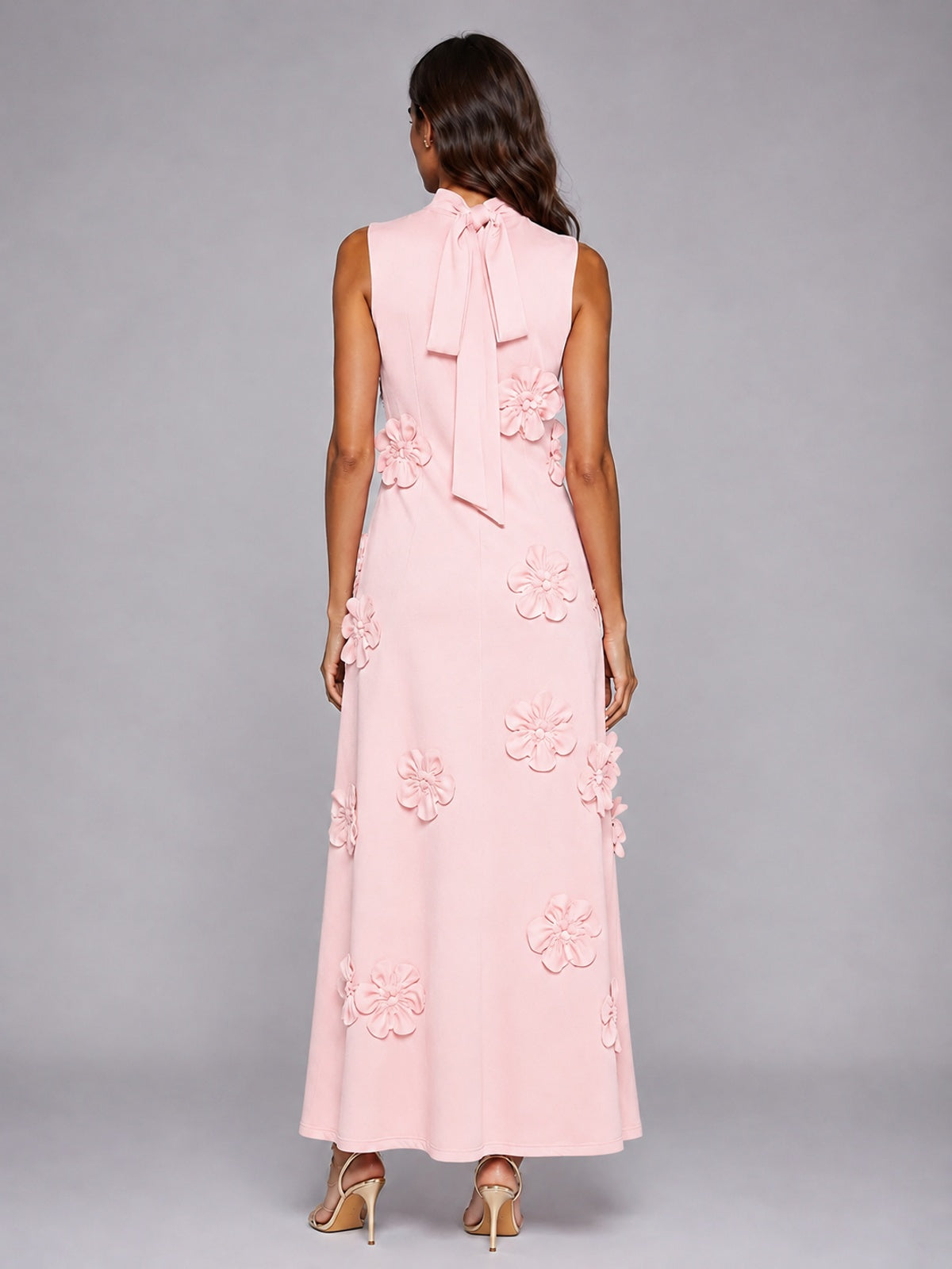 3D Floral Applique High Neck Prom Maxi Dress