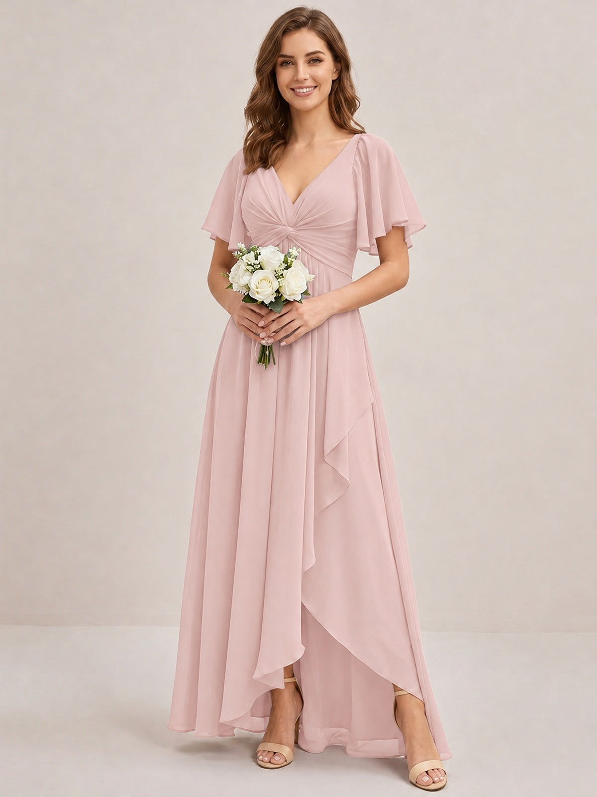 Dusty Blue Chiffon Bridesmaid Dress with Flutter Sleeves & High-Low Hem