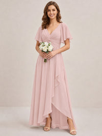 Dusty Blue Chiffon Bridesmaid Dress with Flutter Sleeves & High-Low Hem
