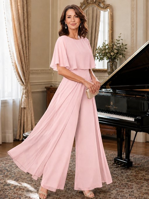 Chiffon Mother of the Bride Jumpsuit with Layered Cape Sleeves