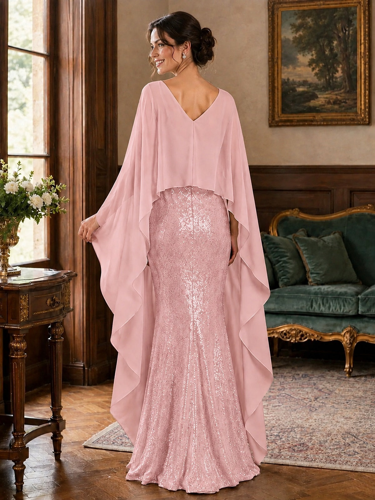 Sequin 2 Pieces Mother of the Bride Dress with Cap Sleeves Chiffon Formal Gowns