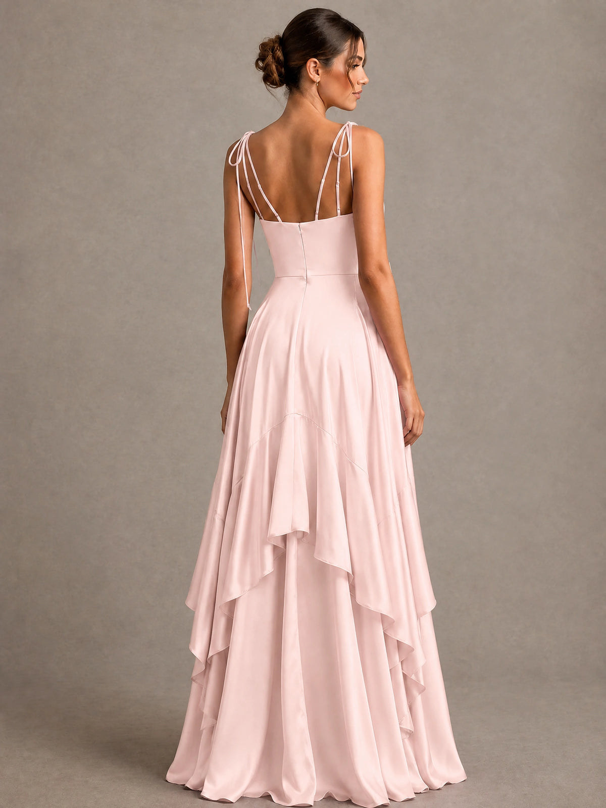 Lavender Satin V-Neck Ruffle Maxi Dress