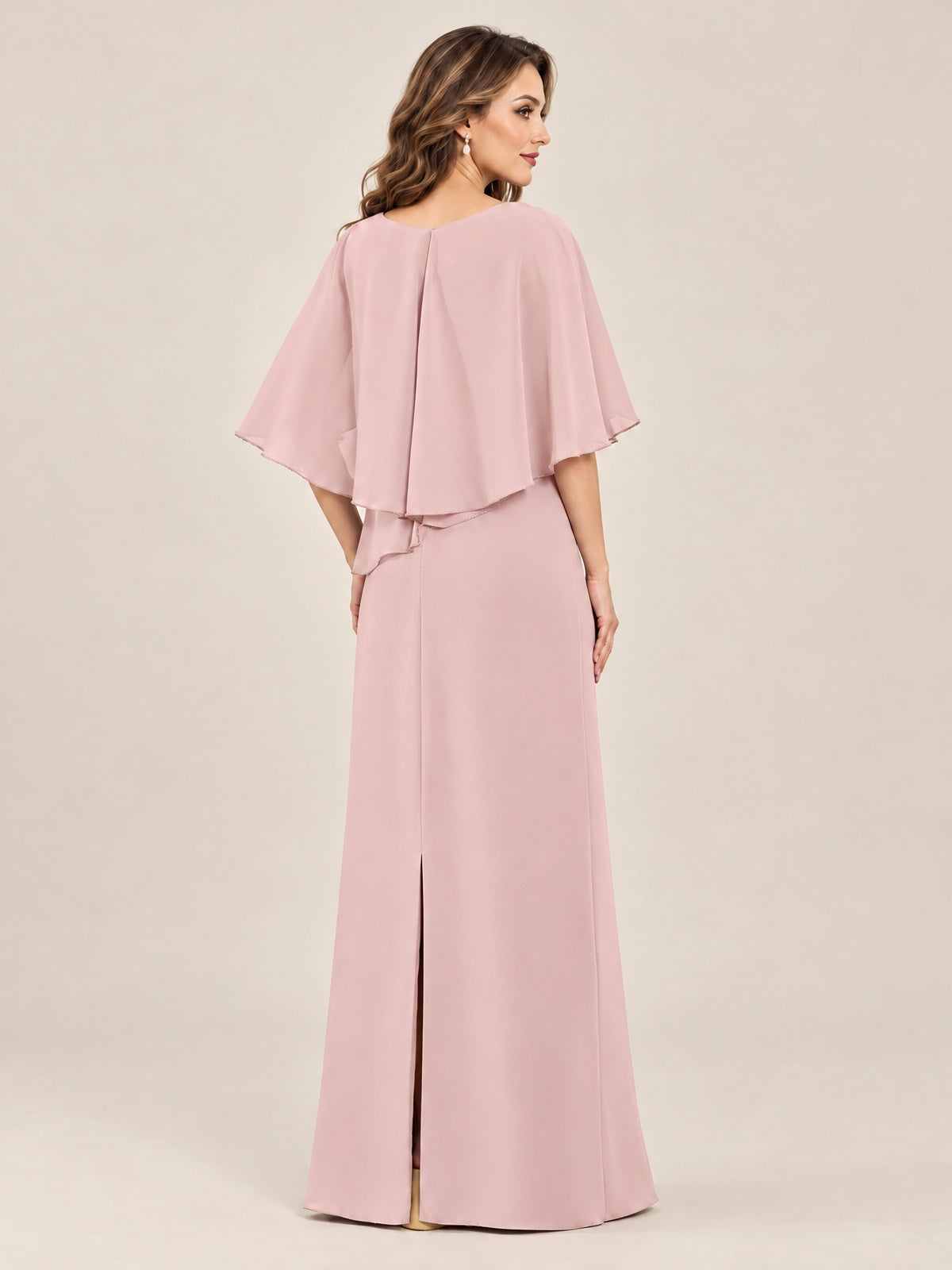 Cape Sleeve Mother of the Bride Dress with Asymmetrical Overlay