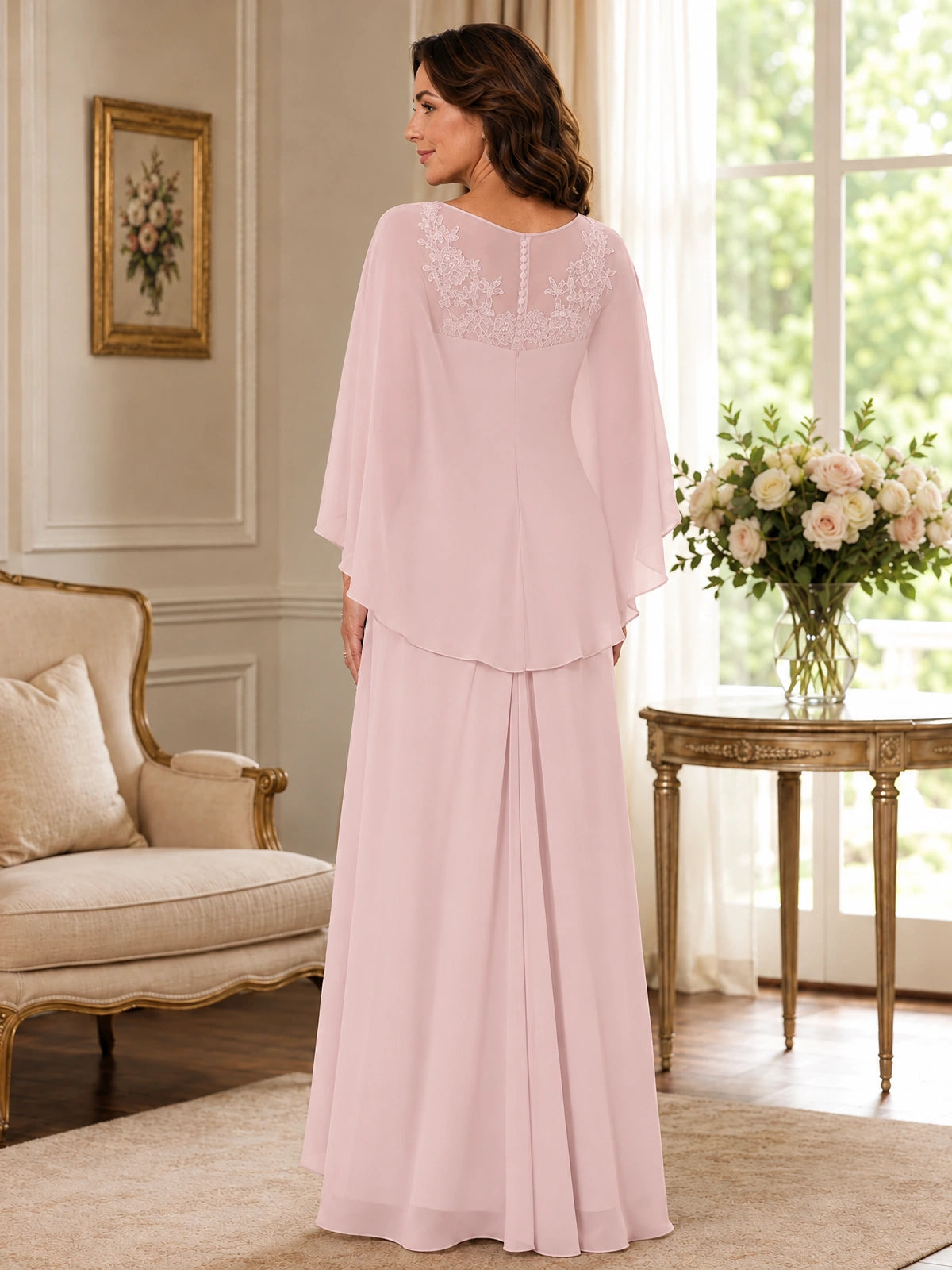 Elegant Chiffon Mother of the Bride Dress with Lace Applique and Cape Sleeves