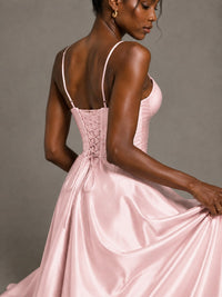 Lavender V Neck Satin Prom Dress with Spaghetti Straps