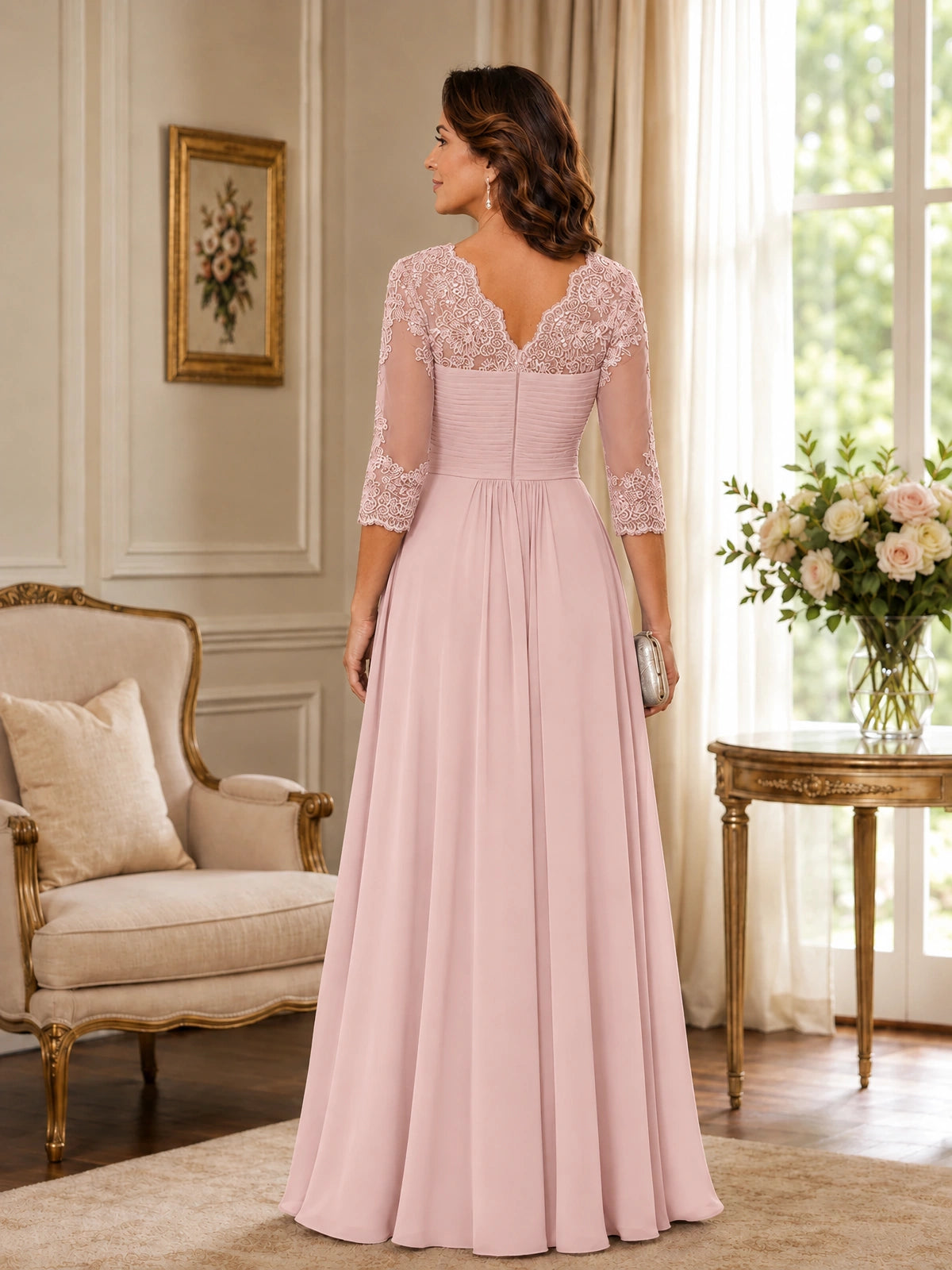 Chiffon Lace Applique Mother of the Bride Dress with 3/4 Sleeves