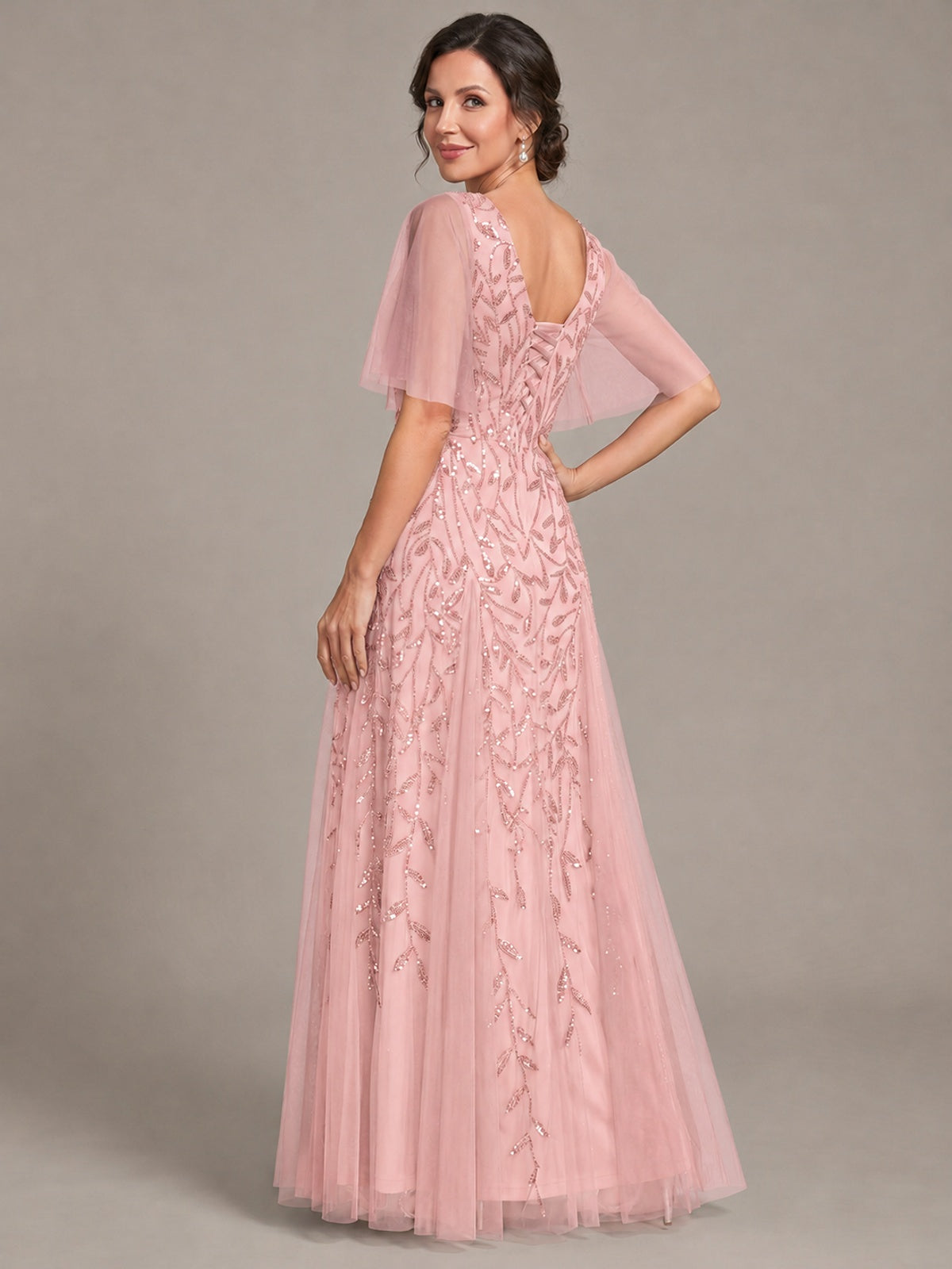 V-Neck Sequin Tulle Mother of the Bride Dress with Flutter Sleeve