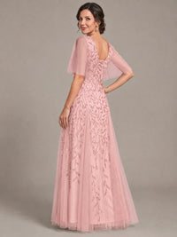V-Neck Sequin Tulle Mother of the Bride Dress with Flutter Sleeve